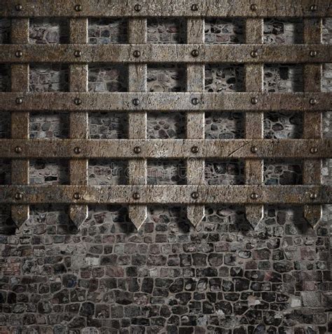 Medieval Old Rusty Metal Lattice On Stone Wall Stock Photo Image Of