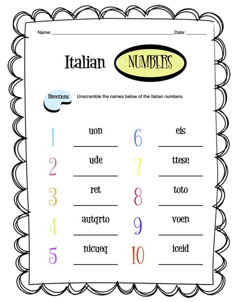 Italian Numbers 1-10 Worksheets