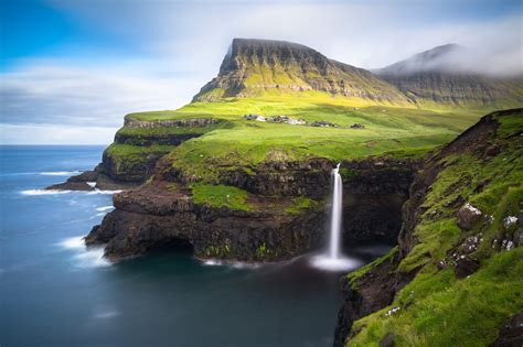 Coast Nature Cliff Sea Landscape Waterfall Faroe Islands Rocks