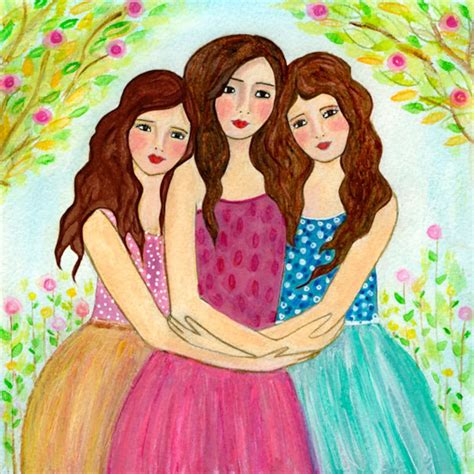 Three Sisters Art Print Three Best Friends Three Brown Hair Girls Best