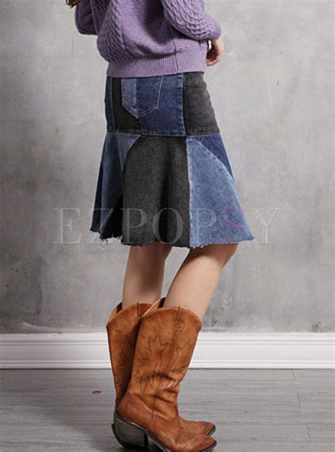 Skirts Skirts High Waist Color Blocked Splicing Denim Skirt Hip