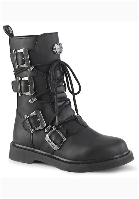 pre owned demonia bolt 265 1 1 4 inch heel mid calf combat boot side zip in black vegan