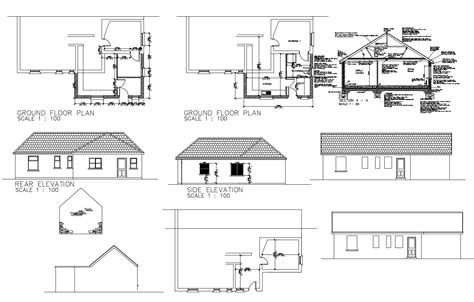 Common House Elevation Section And Floor Plan Cad Drawing Details Dwg