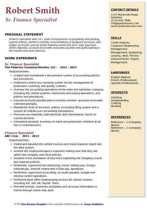 A number of documents are. Finance Specialist Resume Samples | QwikResume