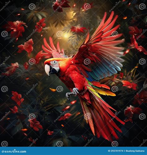Red Parrot Fly In Dark Green Vegetation Scarlet Macaw Ara Macao In