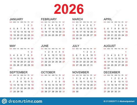 Calendar 2026 Year English Planner Template Vector Square Grid