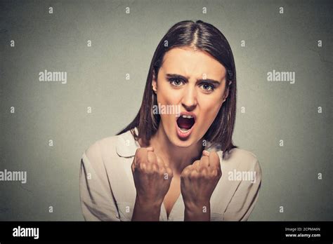 Closeup Portrait Angry Frustrated Woman Screaming Isolated On Gray Wall