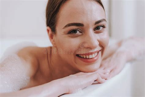 Close Up Of A Delighted Woman Smiling In The Bathroom Stock Image Image Of Foam Beauty 159233765