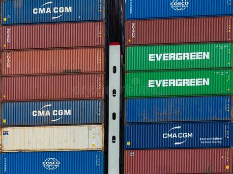 Shipping Containers Of Cma Cgm Evergreen And Cosco Editorial Stock
