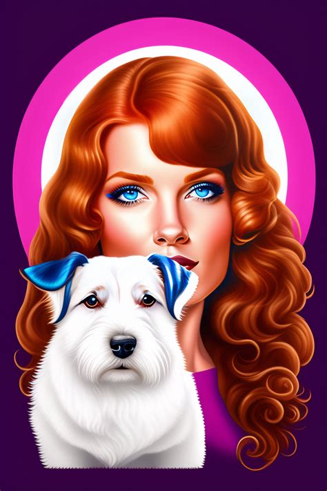 lexica logo of a cute blue eyed long haired redhead woman next to a white jack russell with a