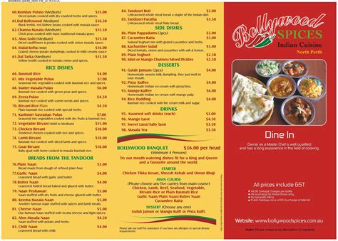 They feature a kid's special and breakfast special menu to woo your taste buds. Bollywood Spices Indian Cuisine menu - Urbanspoon/Zomato