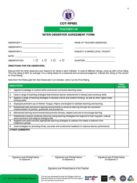 Appendix C 10 Cot Rpms Inter Observer Agreement Form For T I Iii For