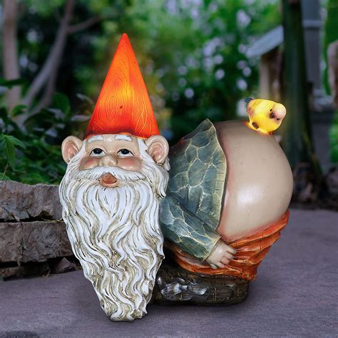 Exhart Solar Mooning Gnome With Bird Garden Statue L X W