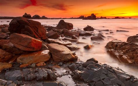 Brittany France Ploumanach Pink Granite Stones Coast Sea Sunset Red Sky