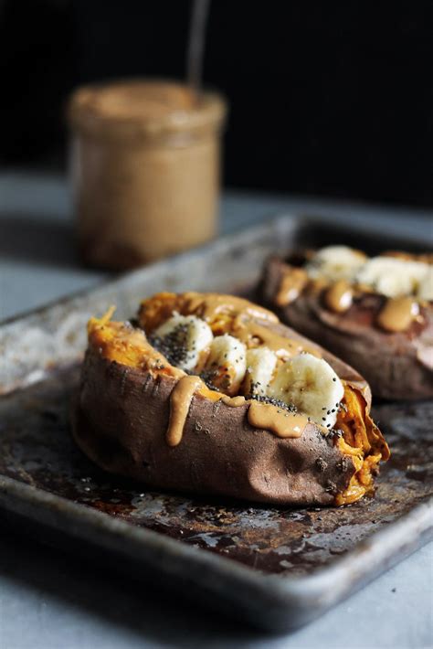 Breakfast Baked Sweet Potatoes With Almond Butter Banana And Chia