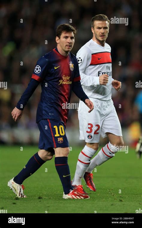 Barcelonas Lionel Messi And Paris Saint Germains David Beckham Stock