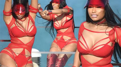Nicki Minaj Flaunts Unreal Curves In Red Cutout Swimsuit As She Films Music Video With Rapper