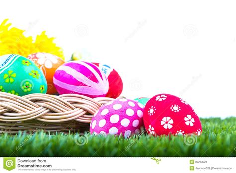 Basket Of Easter Eggs On Green Grass Stock Image Image Of Meadow