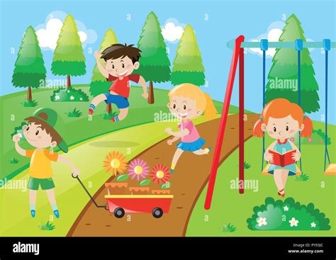 Children Playing In Park Illustration Stock Vector Image And Art Alamy