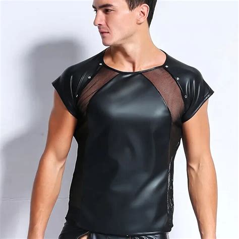 Aiiou Mens Sexy Faux Leather Funny Erotic Mesh Gay Undershirts Costumes