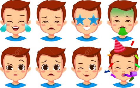 Cute Boy Facial Expression Set Boy Faces Emoticons Sad Sticker Vector