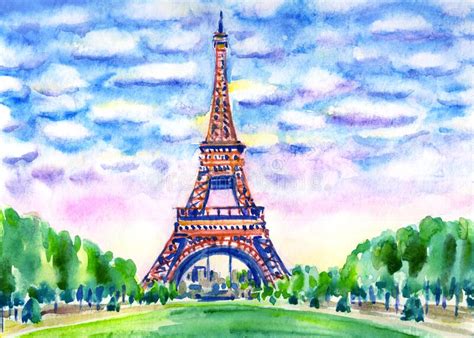 Paris Landscape With The Eiffel Tower Watercolor Painting Stock
