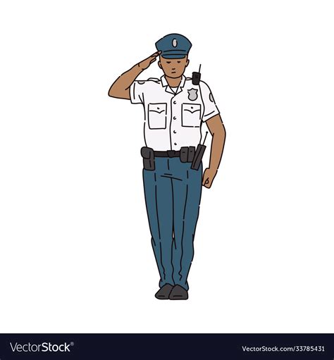 Policeman Character In Uniform Saluting Sketch Vector Image