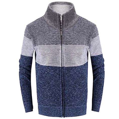 mens winter warm fleece lined sweater knitted striped zip thru cardigan jumper ebay
