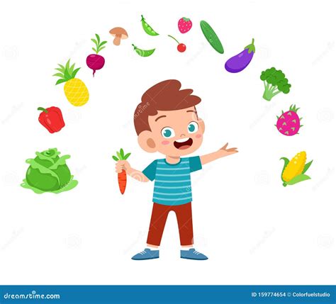 Cute Happy Kid Eat Salad Vegetable Fruits Stock Vector Illustration