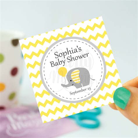 These colorful prints with curving fonts are perfect for a spring or summertime shower to welcome your new. Printable Elephant Stickers, Yellow Baby Shower Labels ...