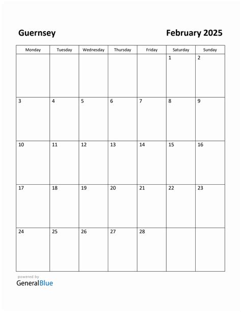 Free Printable February 2025 Calendar For Guernsey
