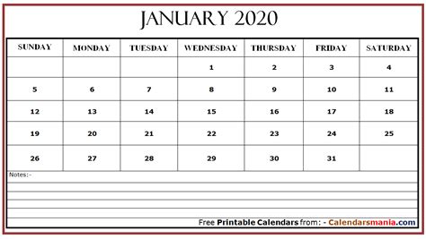 January 2020 Calendar Document Calendar Word Calendar Notes