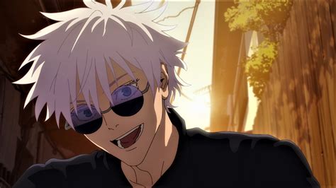 Wallpaper Jujutsu Kaisen Satoru Gojo White Hair Glasses Sunlight Trees Smiling Blue