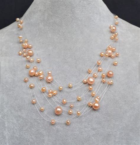Pink Pearl Necklace Multistrand Floating Illusion Freshwater Pearl