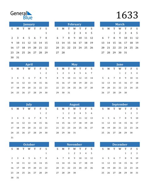 1633 Calendar Pdf Word Excel