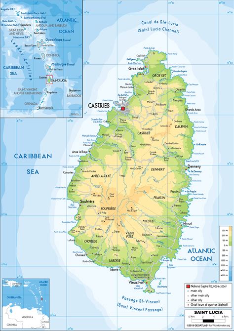 Large Size Physical Map Of Saint Lucia Worldometer