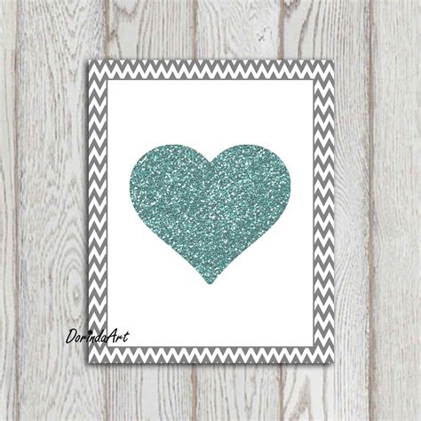 Heart Print Teal Glitter Heart Wall Art Printable By Dorindaart