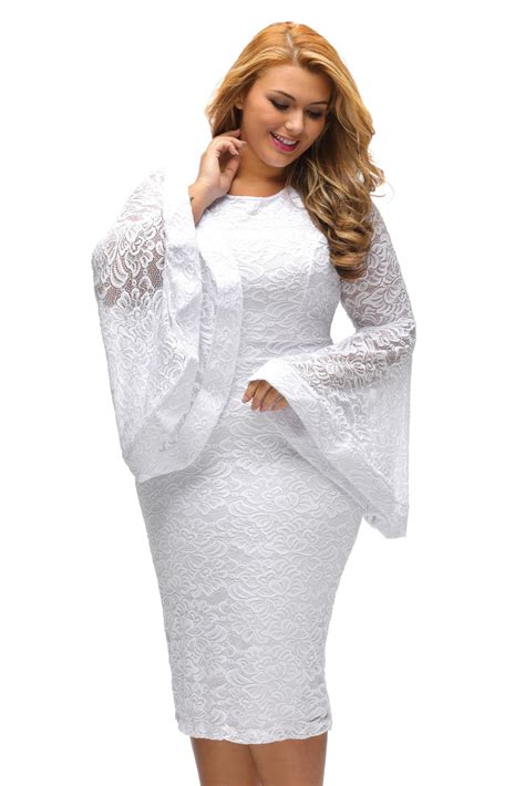 White Plus Size Bell Sleeves Lace Dress Lc61396 1 6 Curvyplus