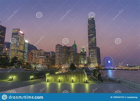 Skyline Of Downtown District Of Hong Kong City At Dusk Stock Photo