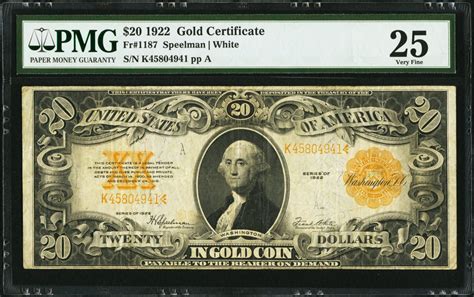 1922 20 Twenty Dollars Us Gold Certificate Large Size Bank Note Pmg