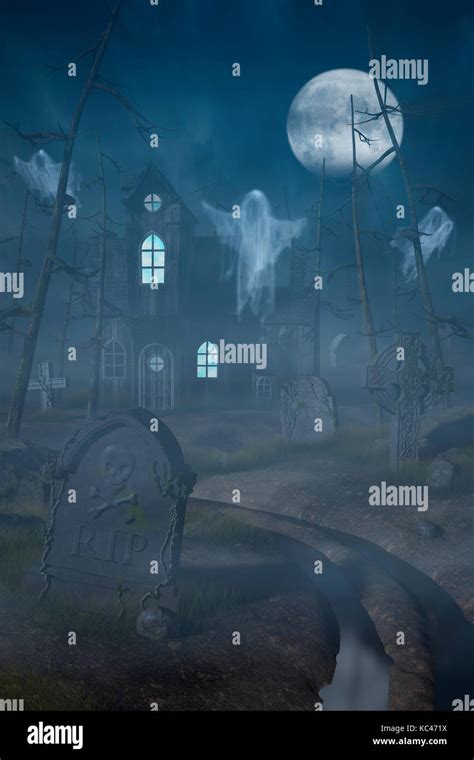 A Cabin And A Graveyard In A Spooky And Misty Forest At Night Stock