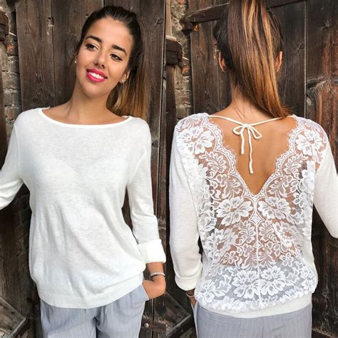 Sexy Women Long Sleeve O Neck V Back Lace Patchwork T Shirt Top Floral Lace Up Drawstring Hollow