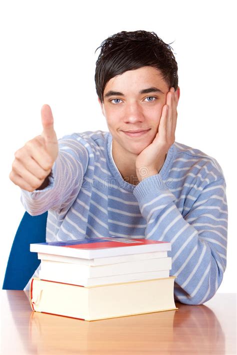 Happy Student With Books Shows Thumb Up Stock Photo Image Of