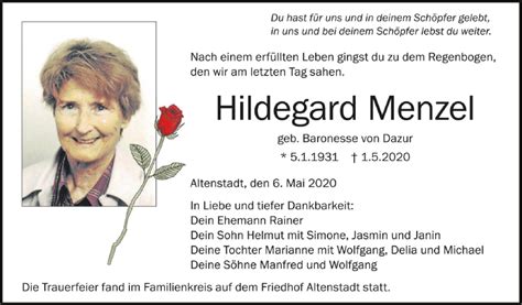 Traueranzeigen Von Hildegard Menzel Schwaebische De Trauerportal My