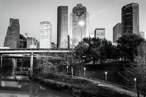 Houston Texas Skyline Over The Buffalo Bayou In Black And