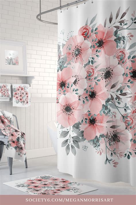 Pastel Shower Curtains Coral Pink And Gray Floral Shower Curtain For Girls Bathroom Decor In