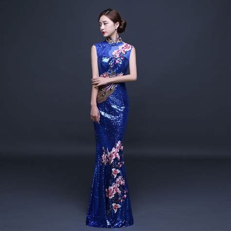 pretty embroidery long qipao cheongsam dress dark blue