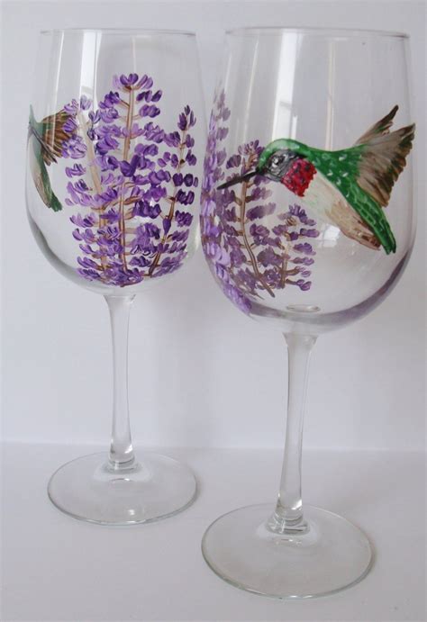 Hummingbird Wine Glasses With Lupine Flowers Hand Painted By Canadiancreationz On Etsy Wine