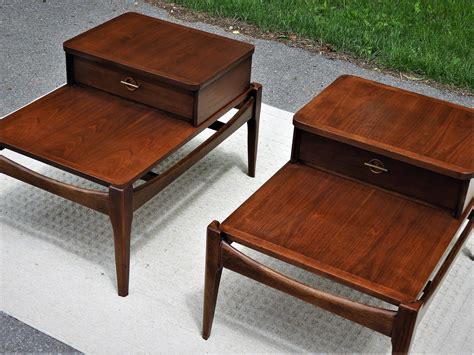 Constructed of sturdy gold bands and round faux marble top. Vintage Mid Century Modern End Tables (2), Danish Wooden Accent, Perception Special Walnut Color ...