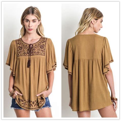 Olive Green Peasant Boho Hippie Chic Embroidery Tunic Blouse Shirt Top